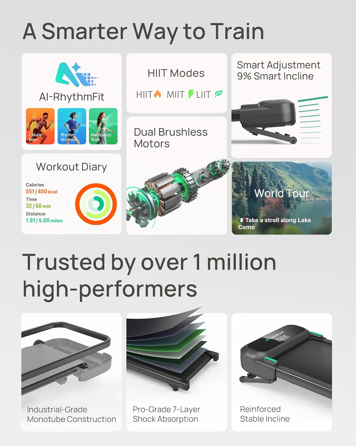 UREVO Auto Incline Treadmill - Quiet Motorized Walking Pad with AI App & 12-Point Shock Absorption | Ideal for Apartments