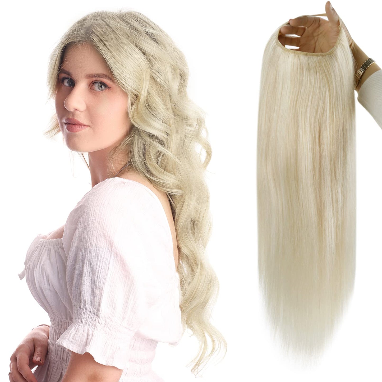 Full Shine U Shaped Wigs Platinum Blonde Half Part Hair Pieces U Wig One Piece Hair Extensions Natural Blonde Hair 120Grams 14In