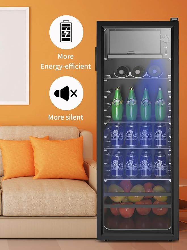 Beverage Refrigerator Cooler 180 Can Freestanding Beverage Cooler with Adjustable Shelving Glass Door for Beer Soda or Wine for Home Office or Bar
