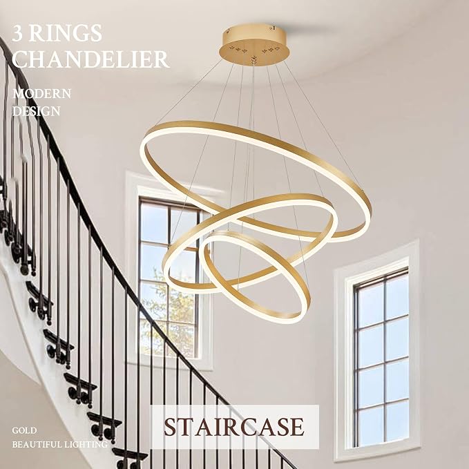 3-Rings Modern LED Chandelier Gold, Dimmable Pendant Lighting