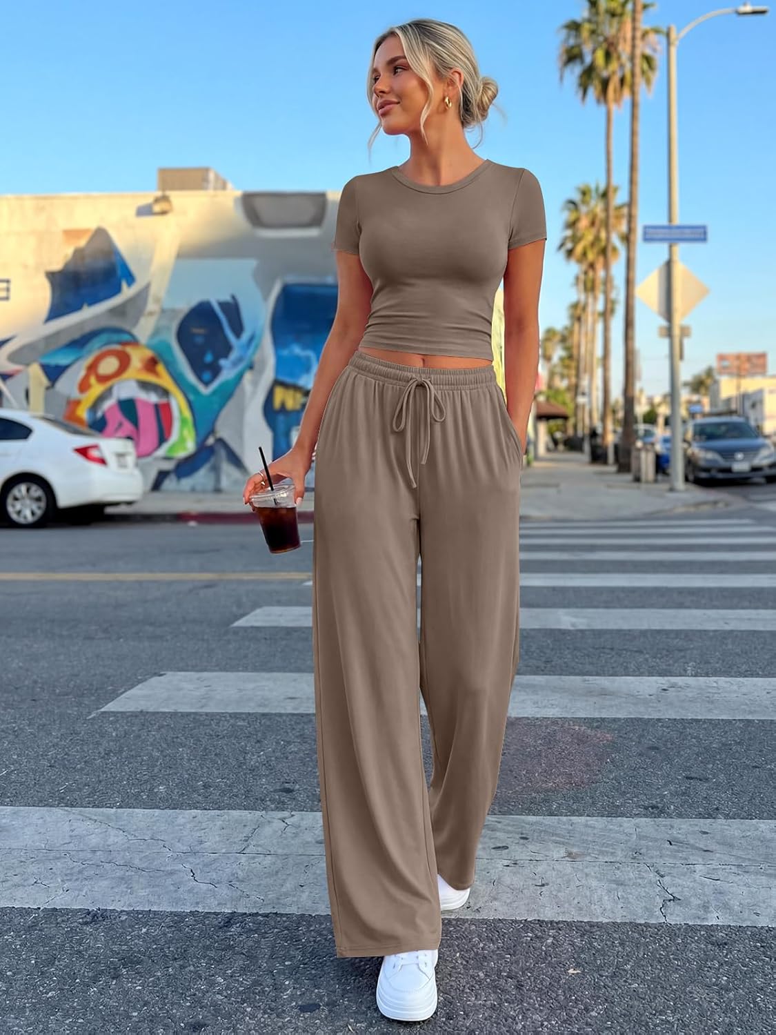 Trendy Queen 2-Piece Matching Summer Lounge Set - Women's Side Ruching Top & Wide Leg Pants with Pockets