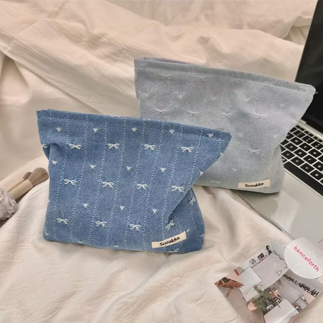 SxoSyo Denim Makeup Bags for Women, Canvas Cosmetic Pouch Large Purse, Blue
