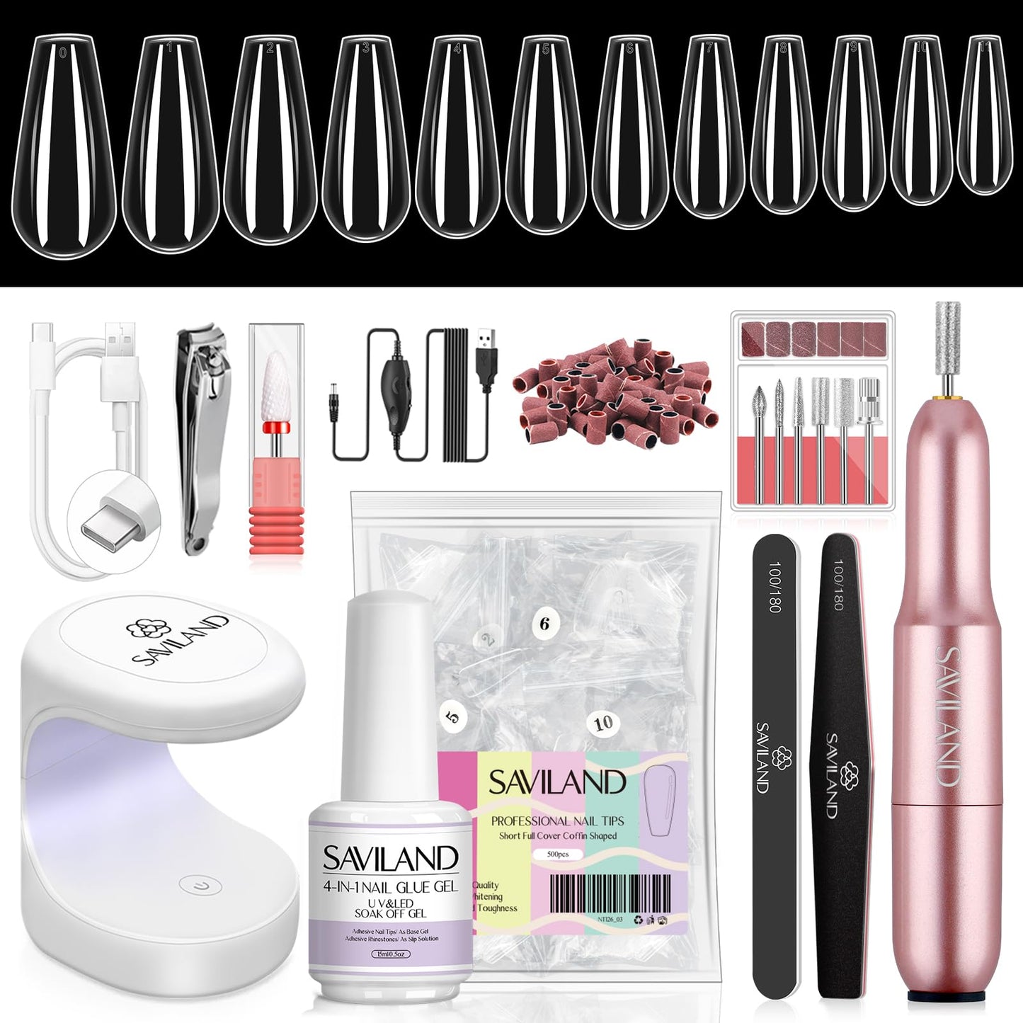 Saviland Gel X Nail Kit Coffin: Gel Nail Kit With Nail Tips Coffin Easy Fast Nail Extension 500Pcs Short Coffin Soft Gel Nail Ti