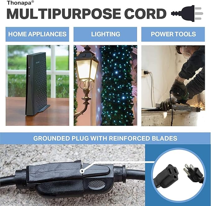 Thonapa 13 Amp Outdoor Extension Cord 10 ft, 16/3 SJTW 10 Foot Black Extension Cord 3 Prong, Weatherproof Exterior Power Cable for Outside Lights & Lawn, UL Certified - US Veteran Owned
