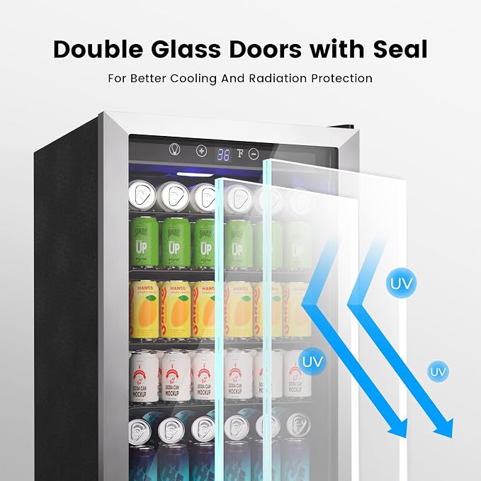 Feelfunn 4.5 Cu.Ft Beverage Refrigerator Cooler - 145 Can Mini Fridge Glass Door for Soda Beer Wine, Small Refrigerator for Bedroom Office Home Bar, 4 Adjustable Shelves, Silver