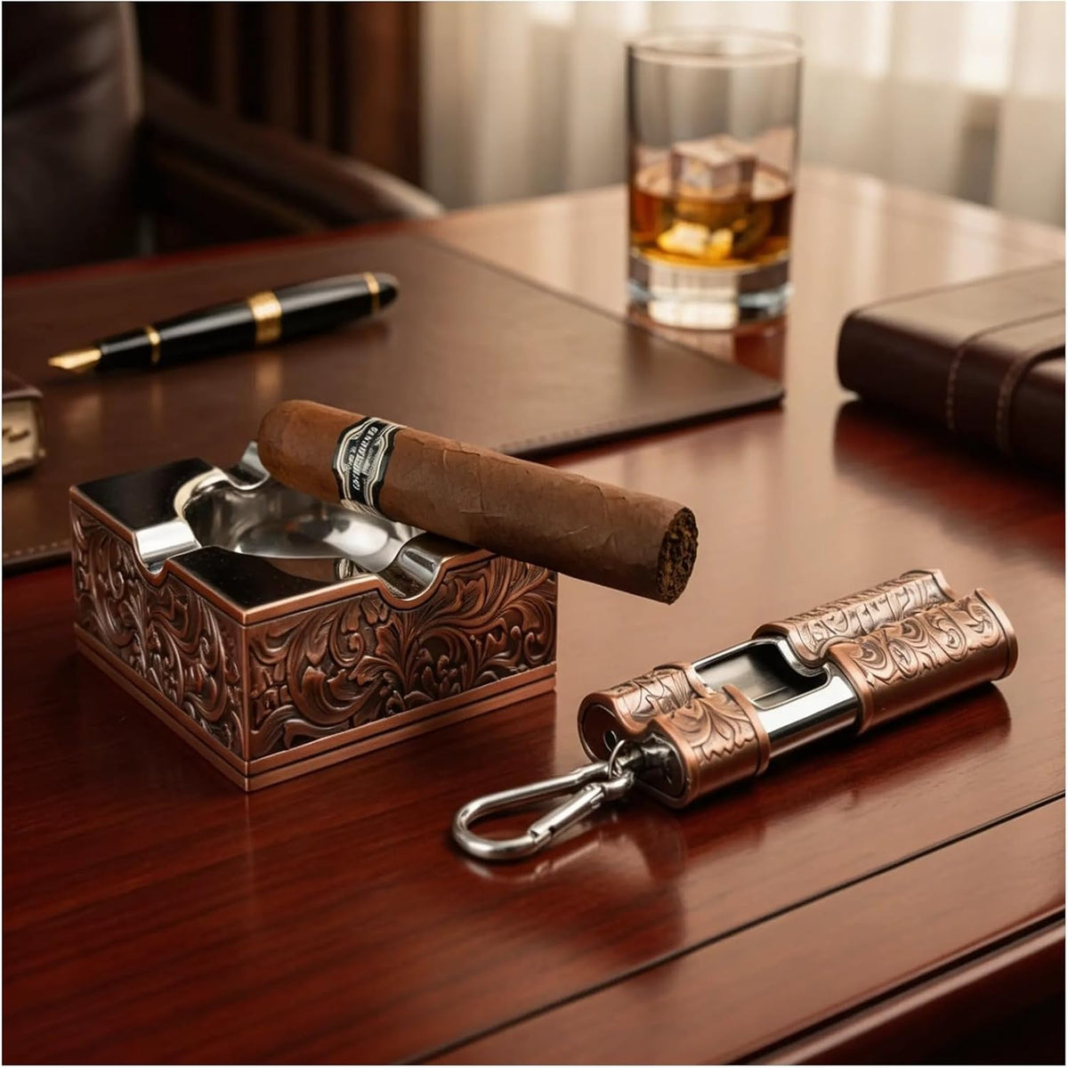 Renaissance Copper Portable Ashtray for Cigar, Smell Proof Pocket Ash Tray with Lid & Holder, Metal Fireproof Travel Cigarette Container for Outdoors, Car, Golf and Business Trip, Premium Gift