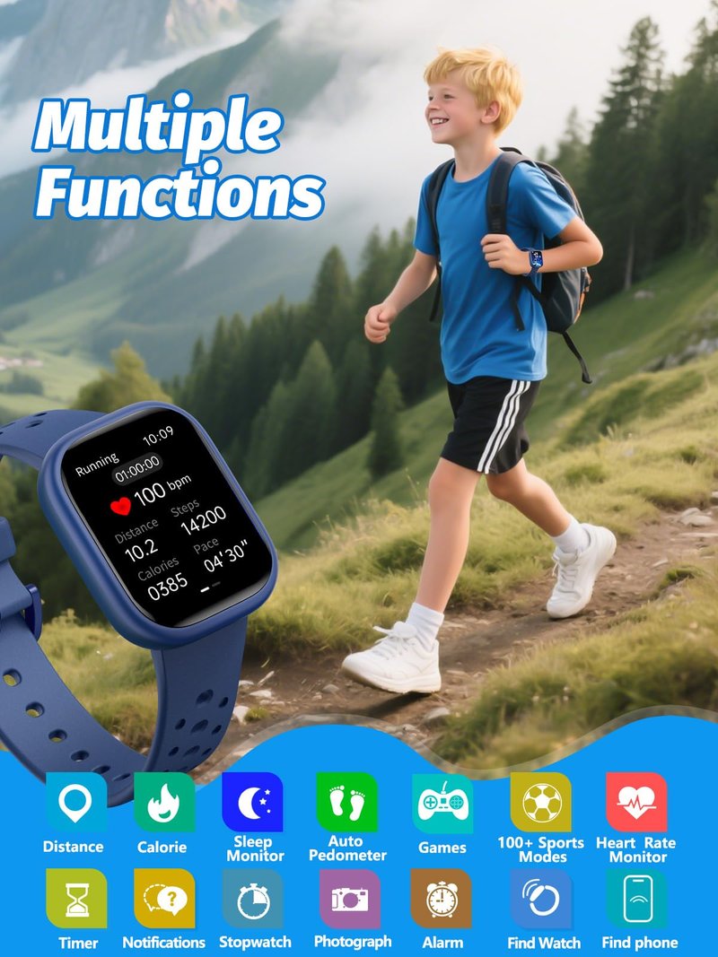 teslahero Upgraded Kids Smart Watch Fitness Tracker, 1.85" Screen with 12 Puzzle Games, Heart Rate Sleep Monitor, Pedometer, Waterproof with/Without APP for Fitbit Boys Girls (Black)