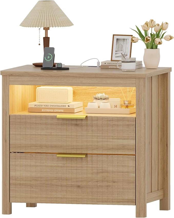 HNEBC Nightstand with Gun Drawer for Bedroom, Wood Night Stand with Hidden Compartment, Auto LED Lighted, Charger Station, 2 Drawer, 23.6" Wider Bedside Table for Dorm,Sofa,Office