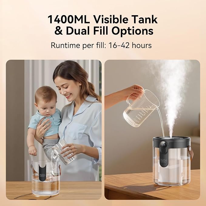 Rechargeable Portable Top Fill Humidifier, Smart Humidifiers for Bedroom, Night Light, 1.4L Cool Mist Humidifier for Office Home Plant Baby, 3-Speed Mist Control, Quiet, Auto Shut-Off (Grey)