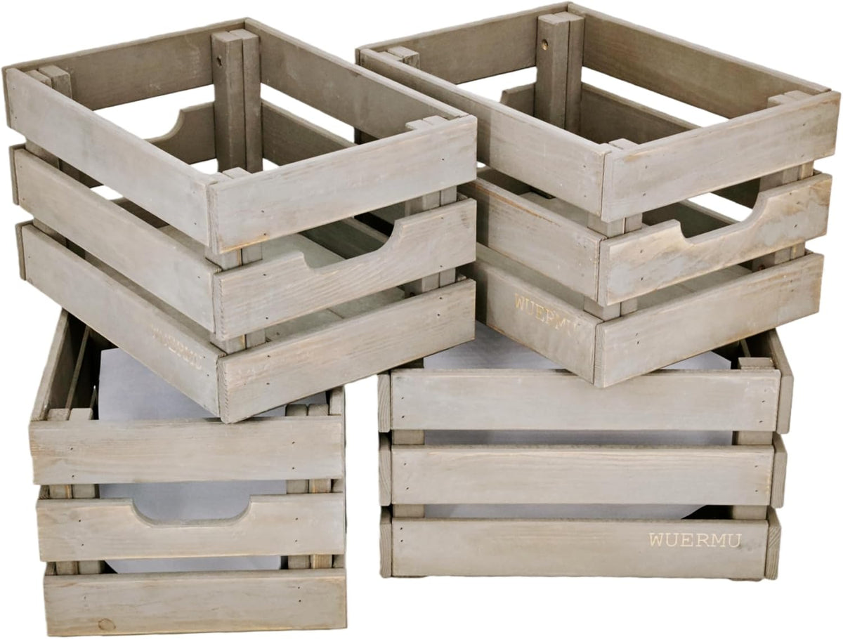 Flame-Treated Wood Crates, Rustic Brown Storage Boxes Set of 4 for Organization, Tool Storage, Wine or Camping, 12.2 Inch Multi-Purpose Crate.