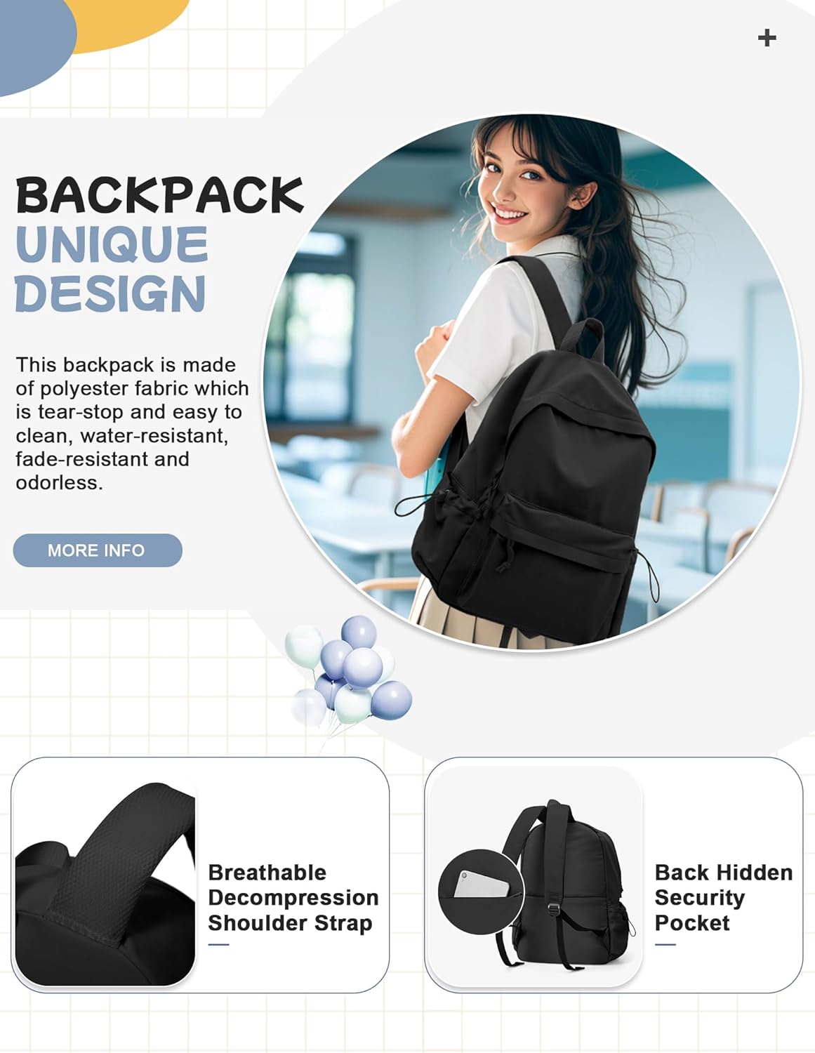 PAUBACK Black School Backpack - Waterproof Lightweight Book Bag for Girls, Teens & Women