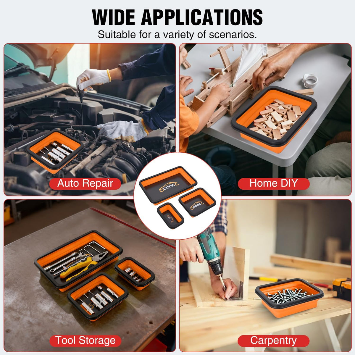 GOOACC 3 Sizes Collapsible Magnetic Parts Tray Set Orange