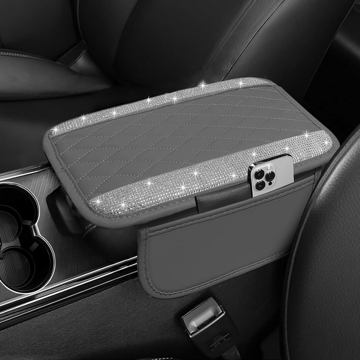 NBTEPEM Bling Car Center Console Cover, Leather Car Arm Rest Cover Cushion with 2 Storage Bags, Middle Console Cover Universal Armrest Protector Pads, Bling Accessories for Most Vehicles (Black)