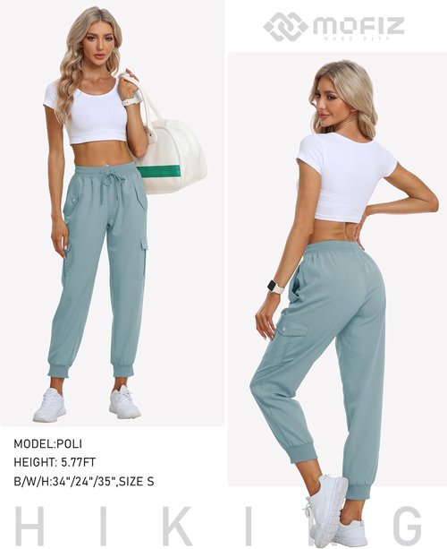 MoFiz Women's Lightweight Cargo Pants - Elastic Waist Athletic Joggers for Hiking & Travel