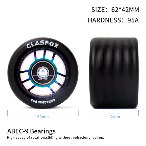 CLAS FOX 95A Speed/Derby Wheels Aluminum Roller Skate Wheels Indoor Roller Replacement Wheel (Set of 8)(Black PU Rainbow Core)