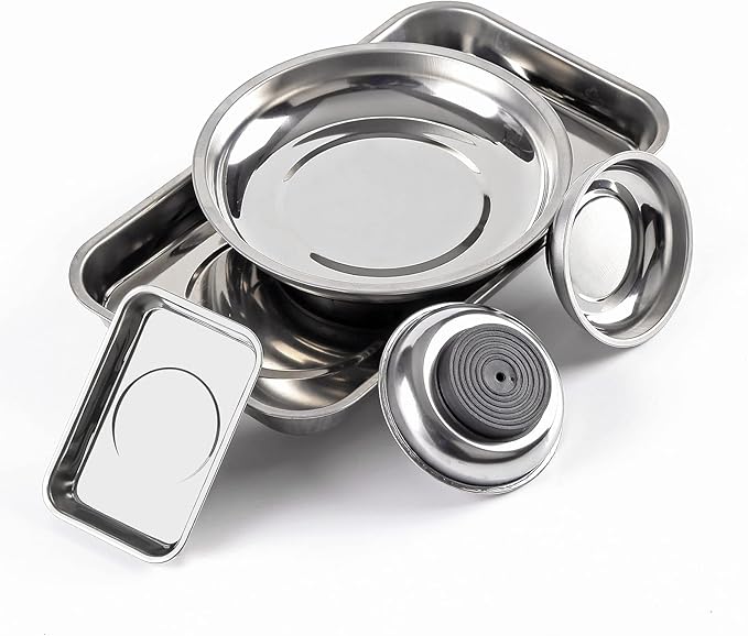 5 Pieces Magnetic Trays Set Stainless Steel Magnet Tool Tray Parts Holder for Screws, Sockets, Bolts, Pins, Mechanic's and Automotive