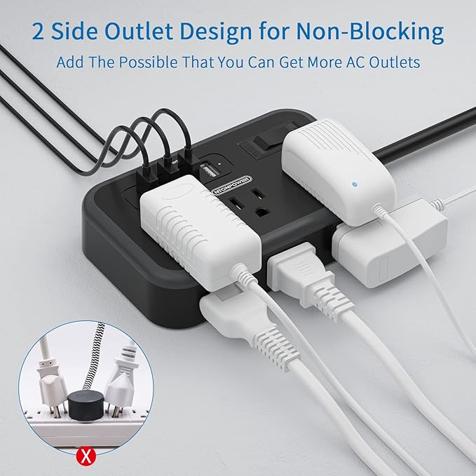 Flat Plug Extension Cord 10 Ft, NTONPOWER 6 Widely Spaced Outlet(2 Side) Power Strip with 4 USB Ports, Overload Protection, Wall Mount Charging Station for Home Office, Nightstand and dorm room, Black