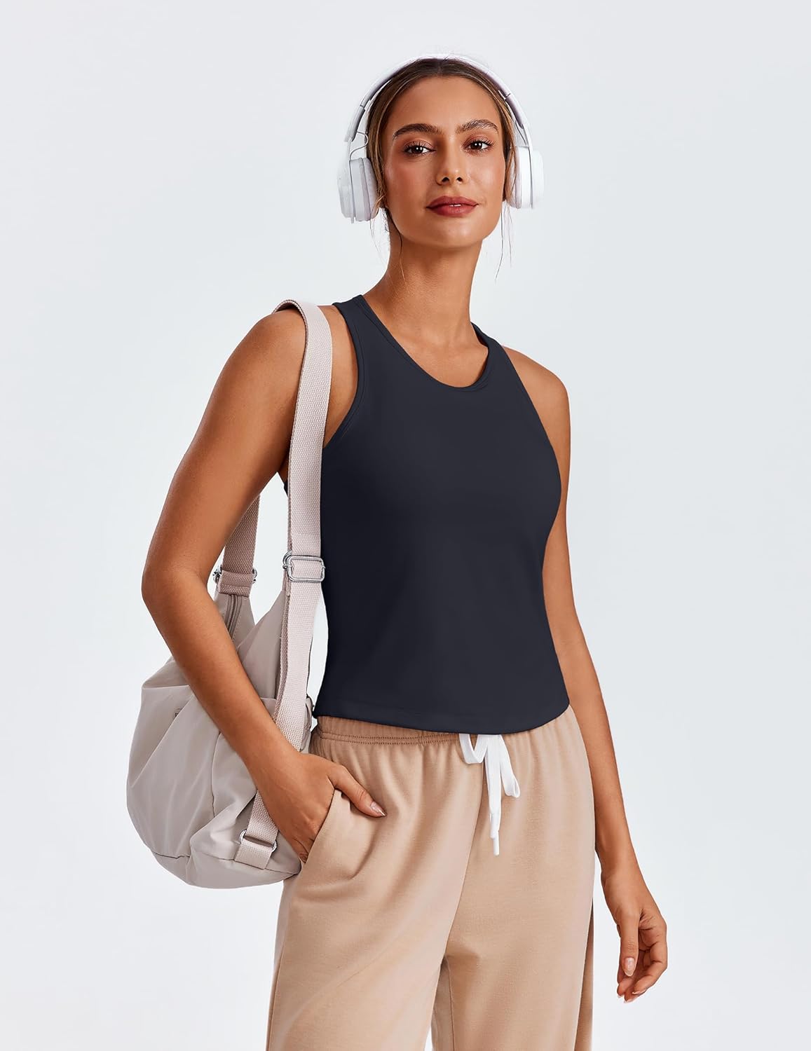 PINSPARK Workout Tops for Women - Racerback Tank with Built-In Bra | Padded Yoga Shirt in Waist Length