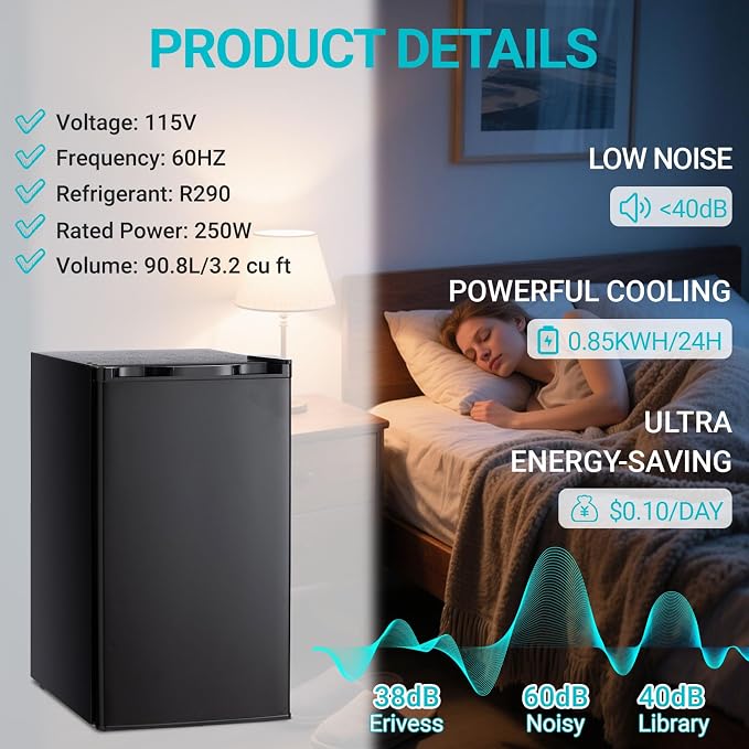 3.2 Cu.Ft Mini Fridge with Freezer, Single Door Small Refrigerator, Dorm Fridge with 7 Adjustable Thermostat, Energy Saving, Low Noise, Compact Refrigerator for Office, Bedroom, Dorm, Black