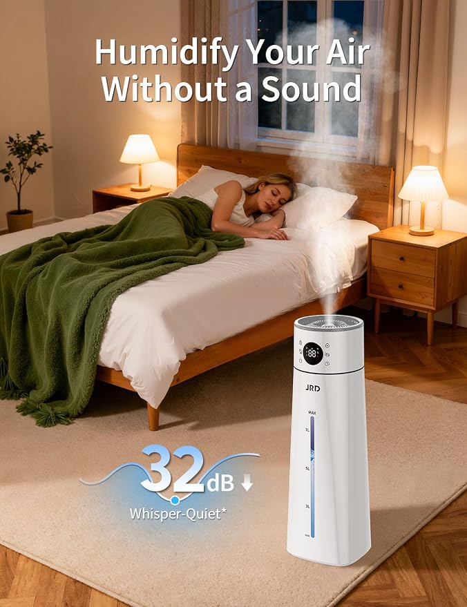 JRD Humidifier Large Room 8L/ 2.1Gal, Ultrasonic Cool Mist for Bedroom, Quiet Humidifier with Remote Control, 10 Mist Modes, 24H Timer, Night Light, AI Mode, 40H Run for Home Office(Grey)