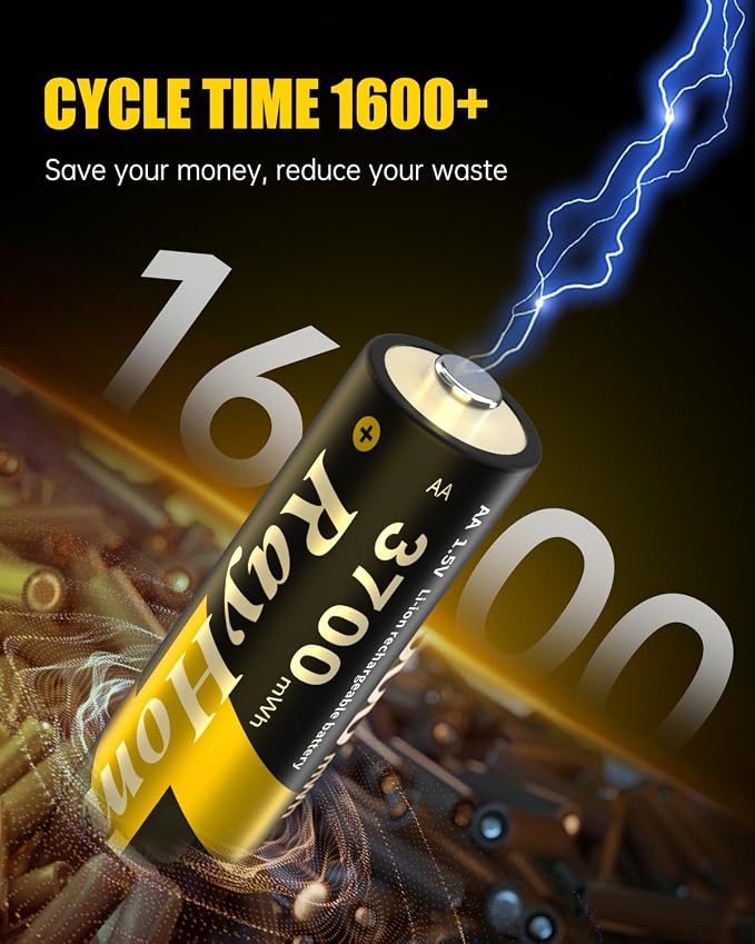 4 Pack AA Lithium Rechargeable Batteries, 3700mWh High Capacity, 1.5V Constant