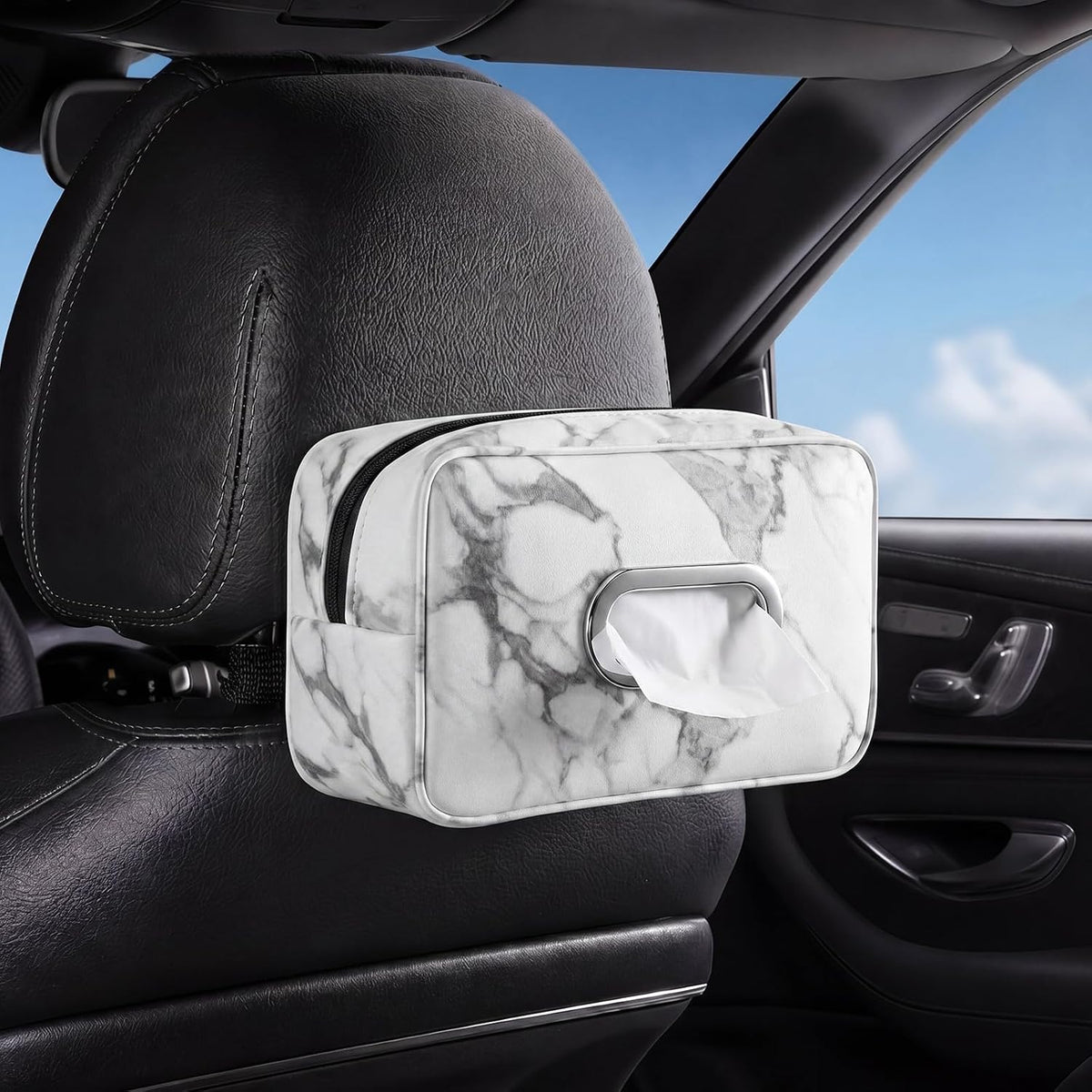 Marble Car Tissue Holder, 9.8 x 5.9 x 4.7 PU Leather Headrest Organizer