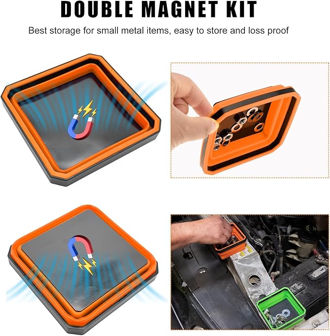 2 PCS Collapsible Magnetic Parts Tray, 4.5 Inch Foldable Magnetic Square Silicone Tray, Tool Tray Set with Double-Sided Magnetic Base for Screw Bolts Nuts Pins, Car Accessories (Green+Orange)