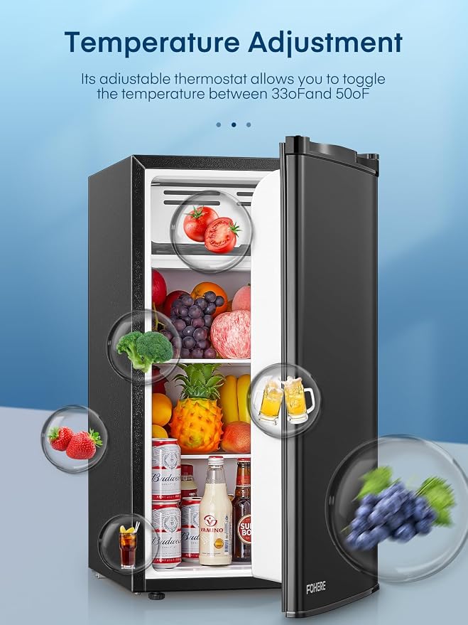 3.2 Cu. Ft Mini Fridge with Freezer, FOHERE Small Fridge with 7 Level Temperature Control, Removable Glass Shelves for Bedroom, Office, Dorm