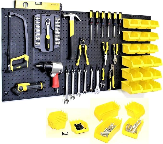WALLPEG 36 Pack Pegboard Bin Kit – 18 Medium & 18 Large Yellow Peg Board Storage Bins | Parts Organizer for Garage, Workshop, Craft Room, Office & Workbench | Pegboard Accessory Organier | MADE IN USA