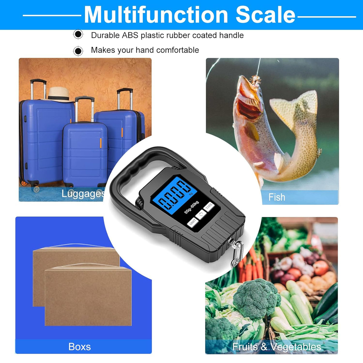 SKEAP Digital Fish Scale - 110lb Capacity | Backlit LCD Display & Large Handle - Black