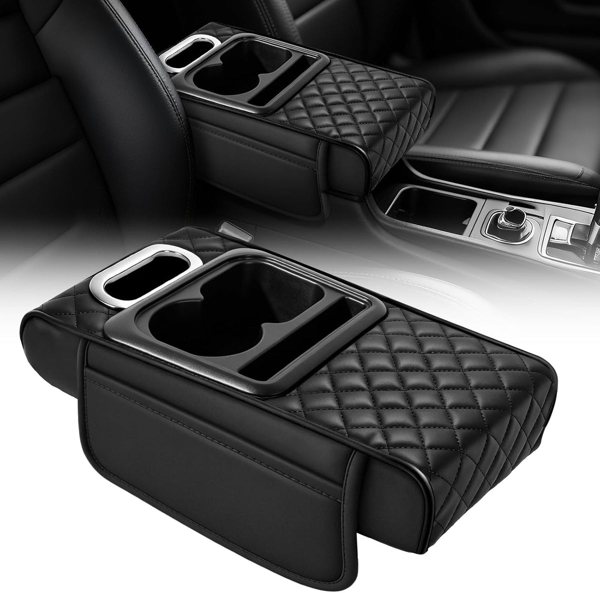 Car Armrest Cushion,5-in-1 Center Console Cover with 2 Storage Bags Cup Holder, Phone Slot for Sedans, Tissue Box Slot, Car Accessories Interior Organizers (Black) (Black-B)