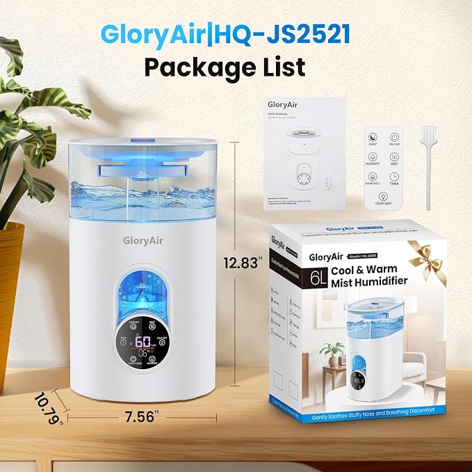 Humidifiers for Bedroom Large Room Home - GloryAir 6L Quiet Top Fill Cool & Warm Mist Humidifier with Smart Humidity Control, Remote Control, 7-Color Light, Humidistat, Oil Diffuser