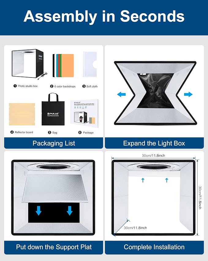 PULUZ 12''×12'' Portable Photography Light Box, Dimmable Photo Studio Light Box