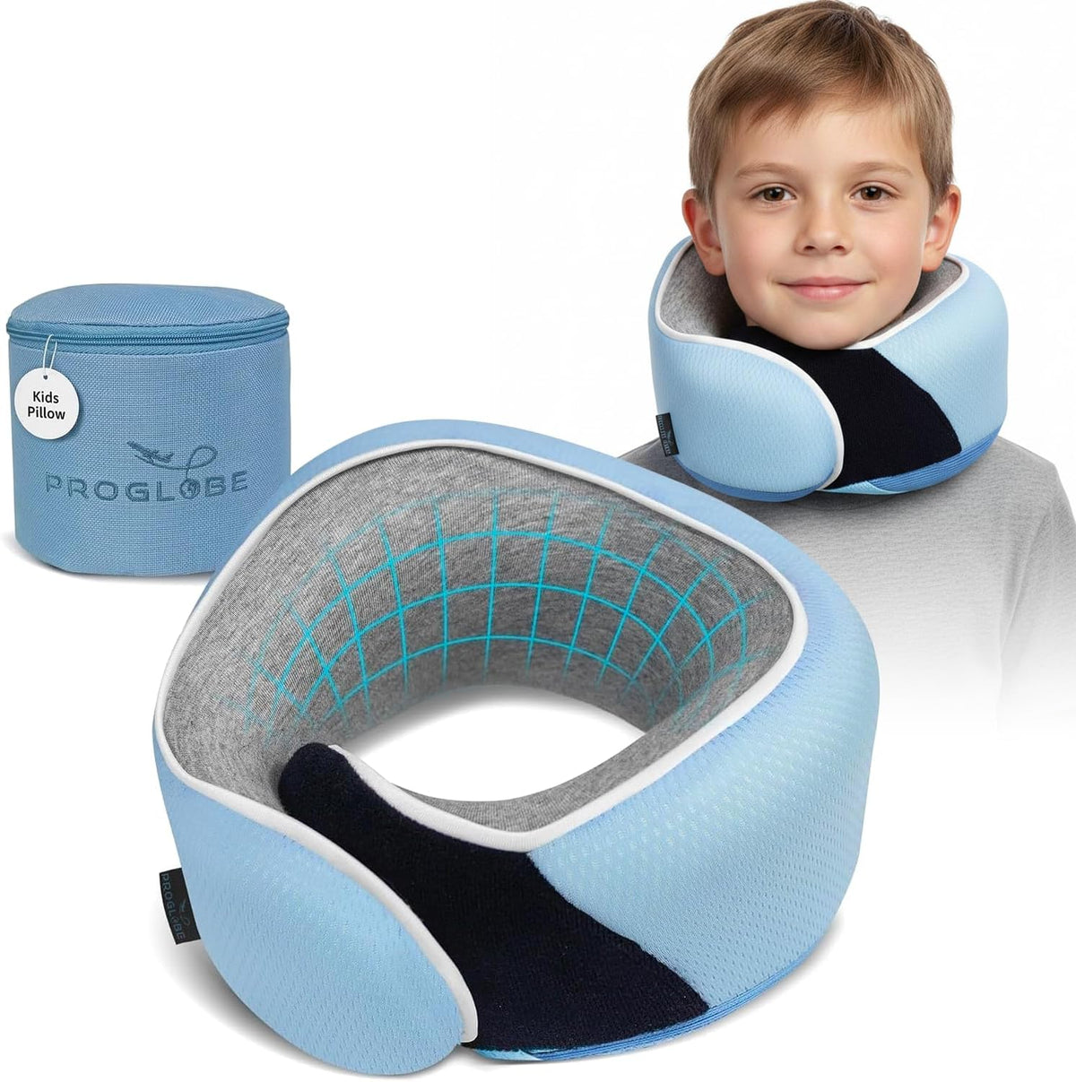 Proglobe Orthopedic Neck Pillow Travel Neck Pillows for Airplanes, Memory Foam Kit, Updated Resting Material, Airplane Travel Set with 3D Contoured Eye Masks, Earplugs, and Luxury Mesh Bag (Blue)
