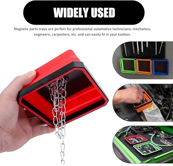 Collapsible Magnetic Parts Tray, 4.5" Square Silicone Tool Tray with Double-Sided Magnetic Base, Foldable Bowls Small Metal Parts Holder for Screws Bolts Nuts Washers (Red)
