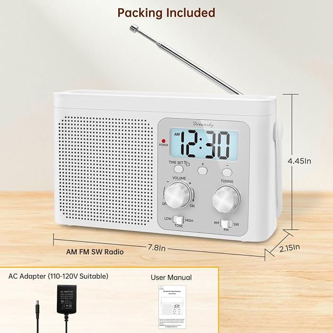 DreamSky AM FM Radio Portable - Shortwave Radio Battery Powered or Plug in Wall for Home Outdoor, Strong Reception, Large Dial Easy to Use, Digital Time Display, Transistor Antenna, Seniors Small Gift