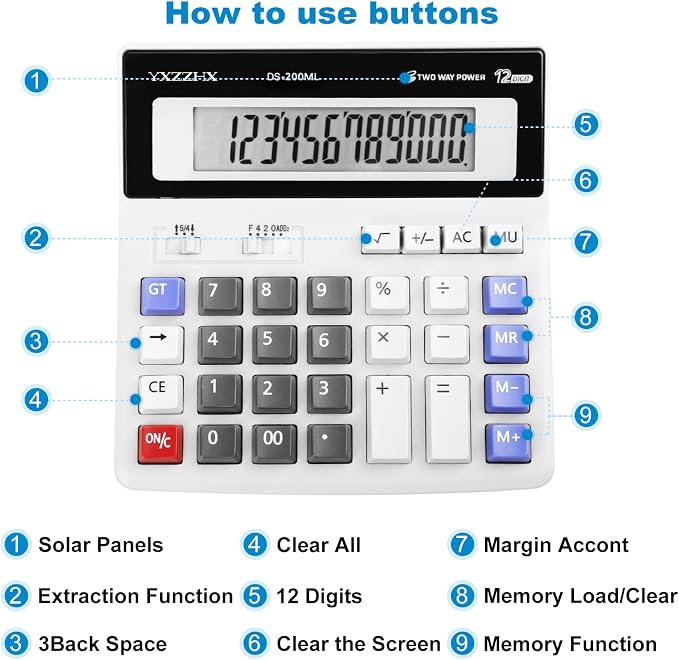 Desk Calculator 12 Digit Extra Large 4.3-Inch LCD Display, Two Way Power