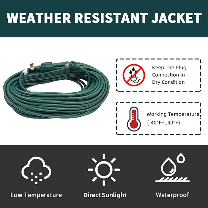 30FT Outdoor Extension Cord-16/3 SJTW Durable Green Extension Cable with 3 Prong Grounded Plug for Safety,Great for Outside Christmas Decorations