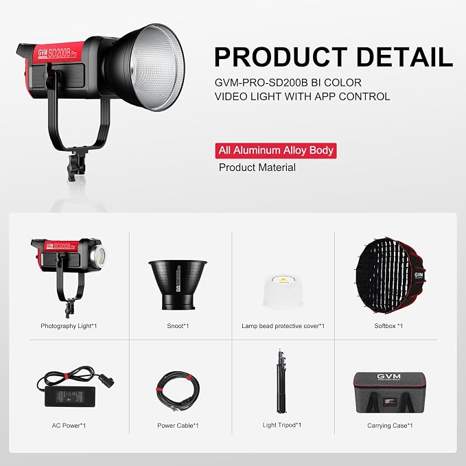 GVM 200W LED Video Light with Softbox, SD200B Photography Lighting Kit with