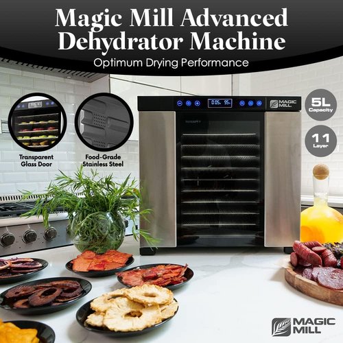 Magic Mill Food Dehydrator Machine - 11 Stainless Steel Trays with Adjustable Timer & Temperature Control | Ideal for Jerky, Herbs, Meat, Fruits & Vegetables
