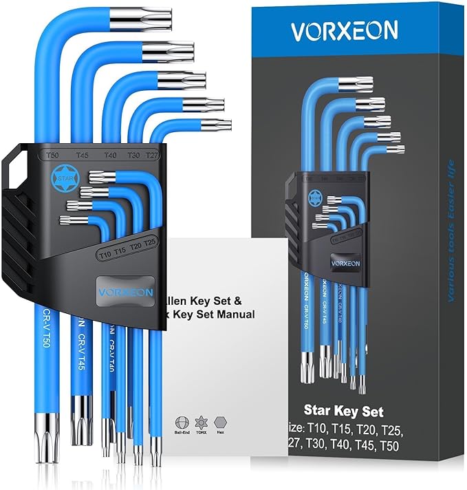 9PCS Star Wrench Key Set T10 to T50 Torx Wrenches Hex Keys With Visible Coding And Non-slip Coating, Long Arm Star Key With Hole for Auto Repair, Furniture Assembly, Household DIY
