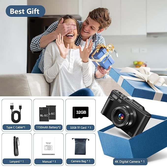 Digital Camera for Photography, 4K Vlogging Camera for YouTube 3" 180° Flip