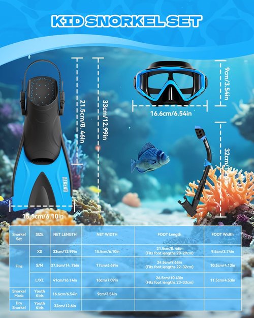 Aegend Snorkeling Gear for Kids - Anti-Fog Diving Mask, Adjustable Fins & Dry Snorkel Kit