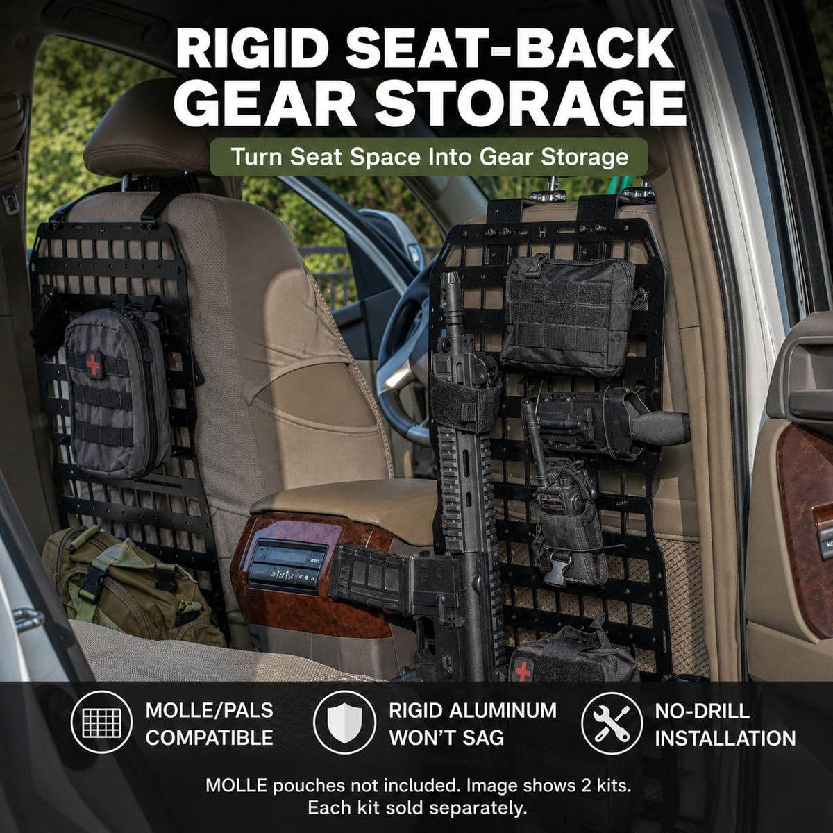 Metal MOLLE Seat Back Panel, 1 Seat Kit, 2mm Aluminum Vehicle Organizer for Most Standard Seat Backs, No-Drill Strap Mount, Compatible with Many MOLLE/PALS-Style Accessories