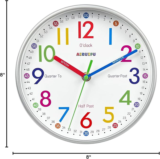 AIRUIFU Wall Clock for Kids Learning Tell Time Easily Non-Ticking Battery