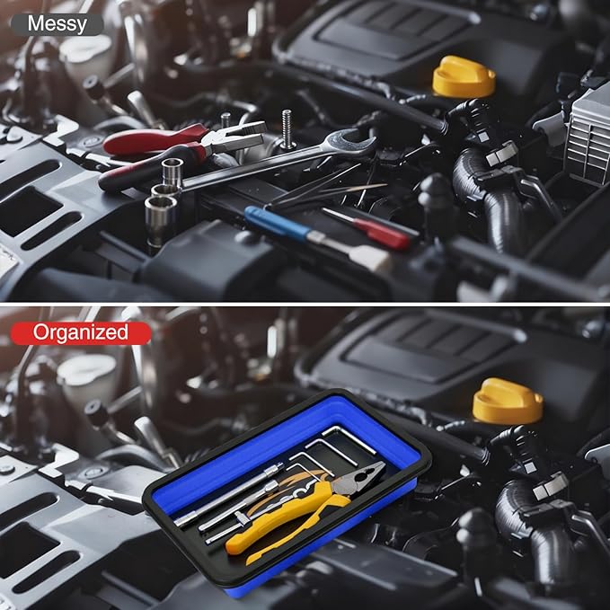 GOOACC 3 Sizes Collapsible Magnetic Parts Tray Set Blue Silicone Foldable Tool Trays Organizer for Screws Bolts Nuts Pins Washers and Other Small Metal Parts Double Sided Magnet Base