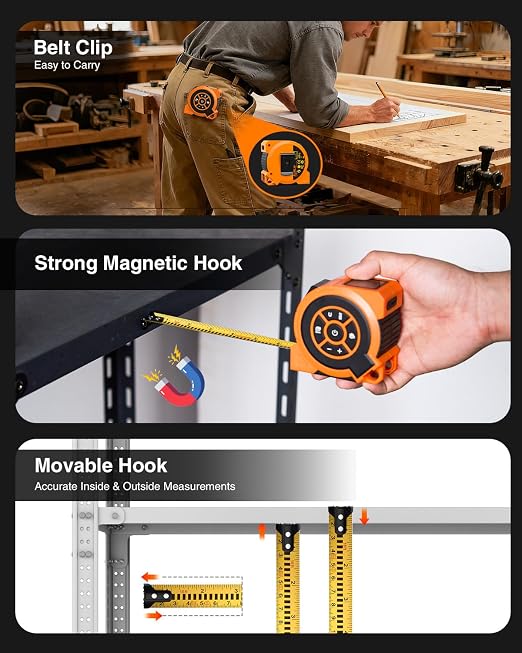 328Ft 3-in-1 Digital Laser Tape Measure Rechargeable Measuring Tool &16Ft