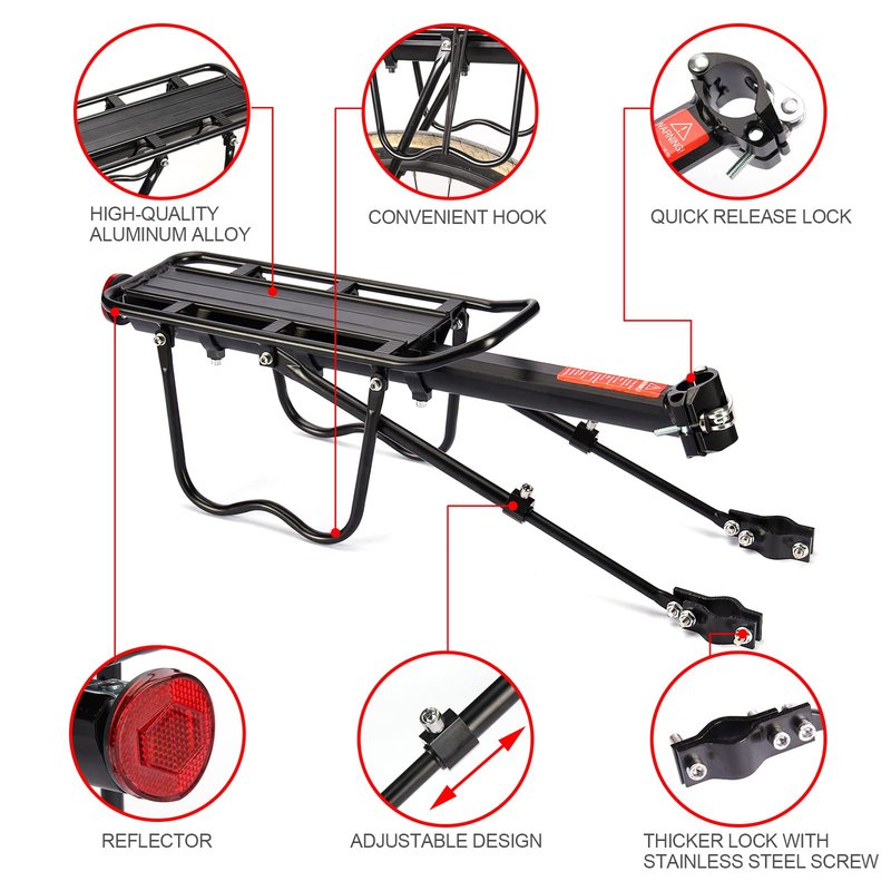 Rear Bike Rack, 110 lbs / 50KGS Bike Cargo Racks Frame Aluminum Alloy Universal Adjustable Cycling Equipment Stand Footstock Bicycle Luggage Carrier with Tools and Reflector for 26"-29" Frames