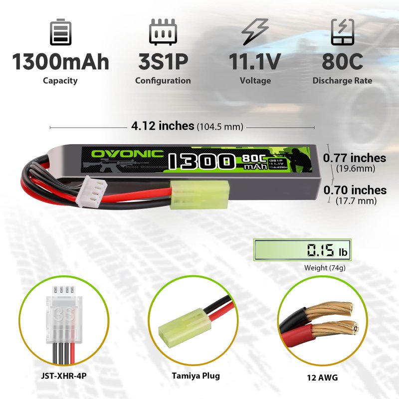 OVONIC 3s Lipo Battery 11.1V 1300mAh 80C with MiniTamiya Plug Lipo Battery for Airsoft Guns(2PCS)