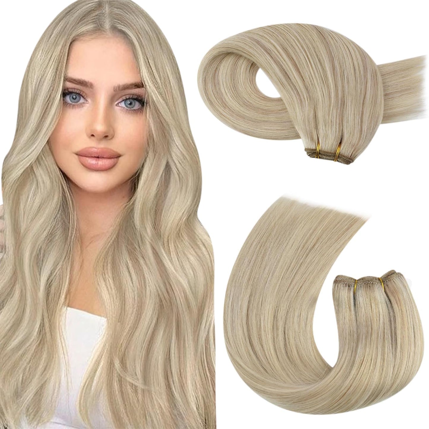 Moresoo Sew In Hair Extensions Blonde Highlight Remy Weft Hair Extensions Human Hair Ash Blonde With Blonde Highlight Double Wef